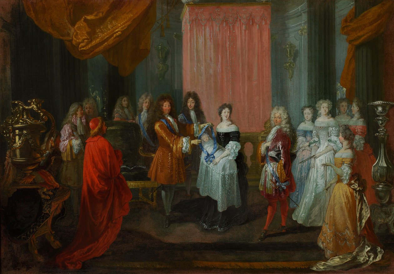 Luis XIV condecora con la Orden del Cordón Azul al duque de Borgoña, padre del futuro Luis XV. de Jean-Antoine Watteau