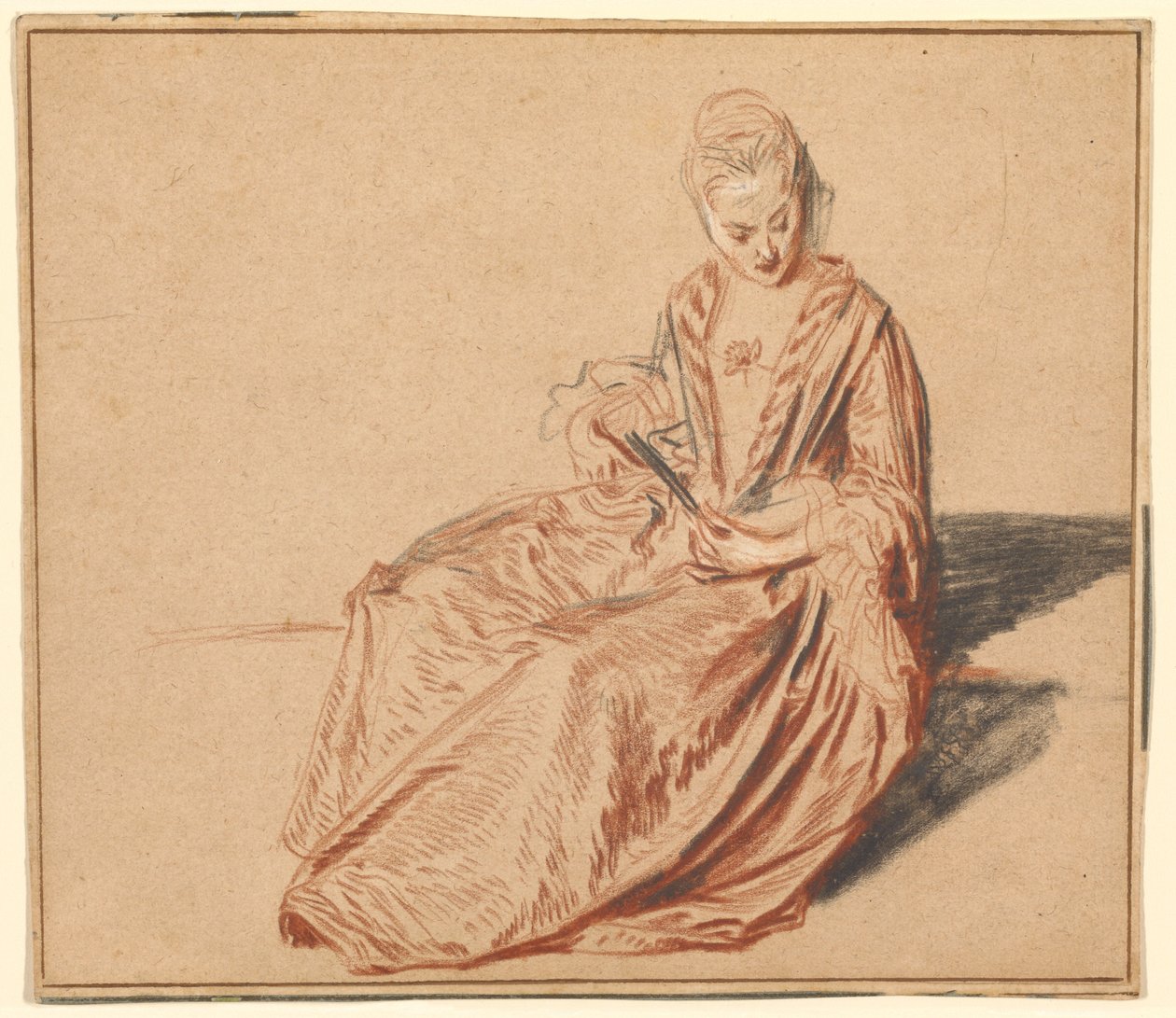 Mujer sentada con un abanico de Jean-Antoine Watteau