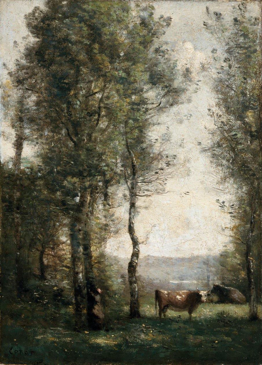 Paisaje boscoso con vacas en un claro de Jean-Baptiste-Camille Corot