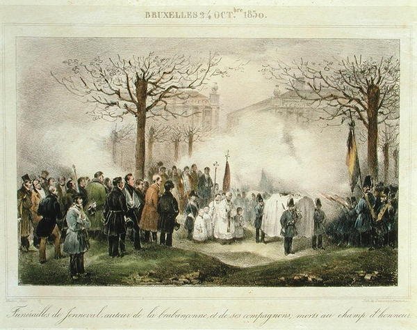 El funeral de Louis-Alexandre Dechet (Jenneval) (1801-30) y sus compañeros que murieron en el campo de honor, 24 de octubre de 1830, grabado por Dewasme-Pletinckx de Jean Baptiste (after) Madou
