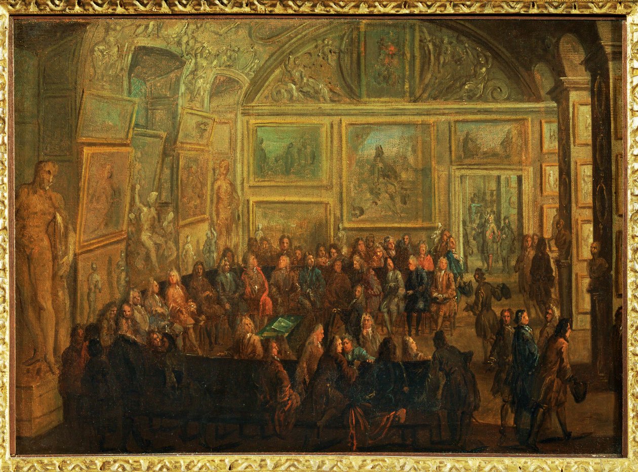 Vista del Salón de Diane en el Louvre;una sesión de la Academia de Pintura ... de Jean Baptiste (after) Martin