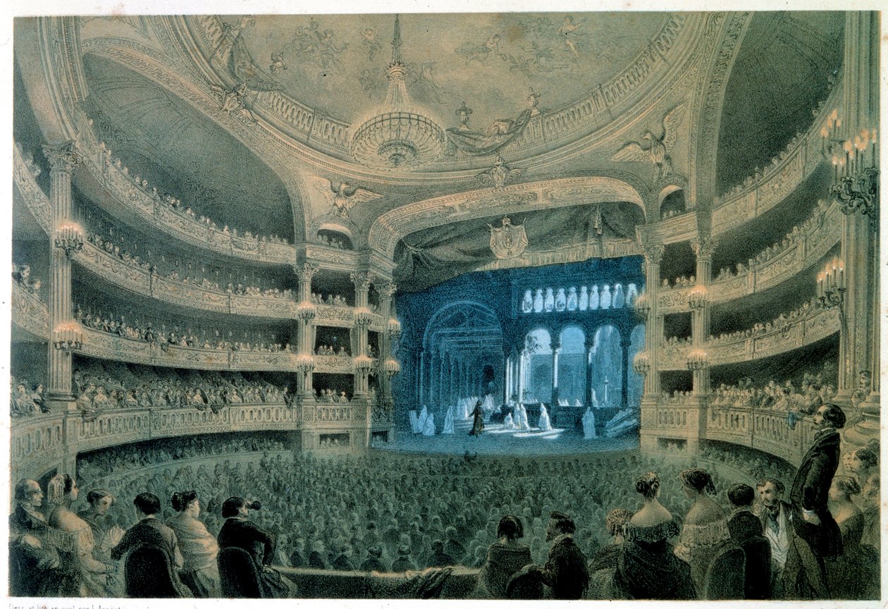 Vista del vestíbulo del teatro de la Ópera Garnier (Academia de Música). Litografía de Jean Baptiste Arnout (1788-1870). Siglo XIX. París, B.N. de Jean Baptiste Arnout