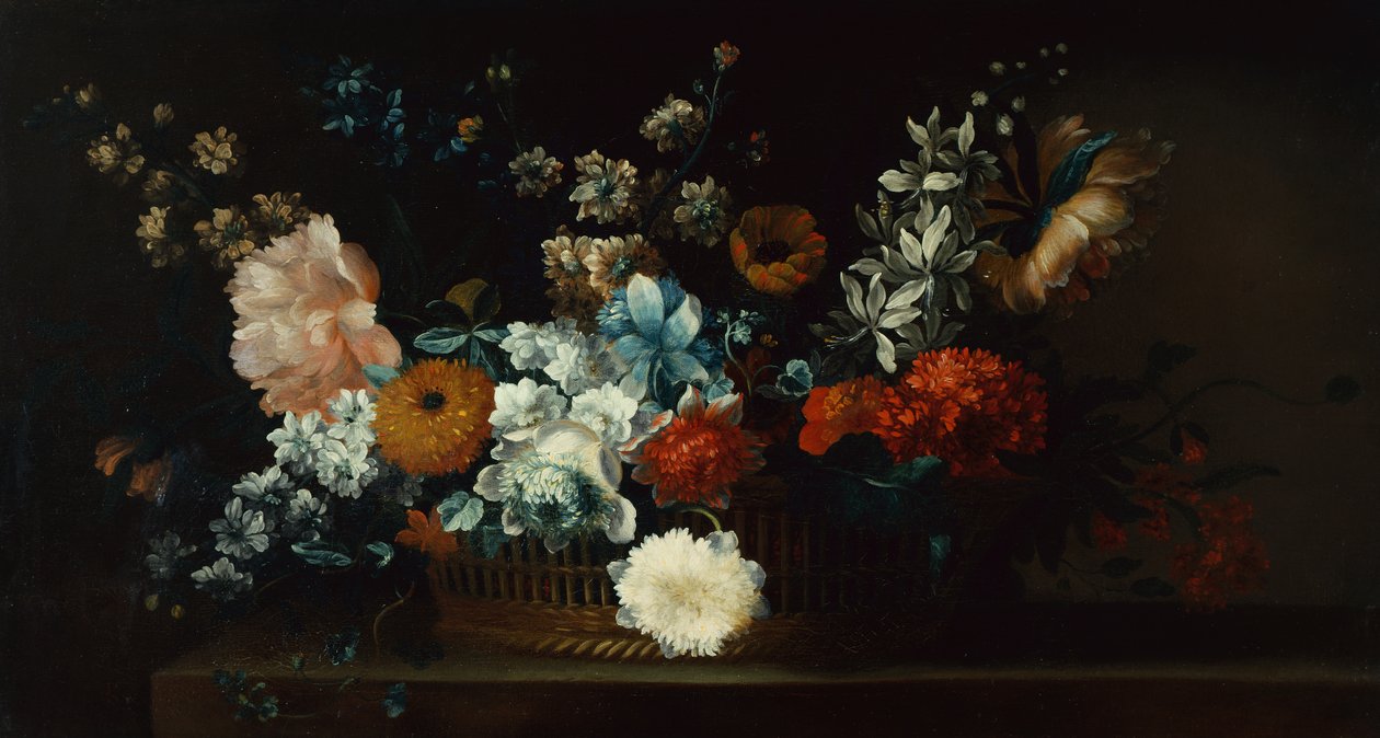 Peonías, Crisantemos y Otras Flores en una Cesta de Jean Baptiste Belin de Fontenay