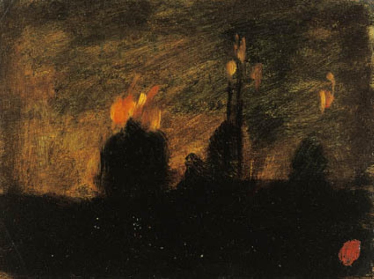 Escena nocturna con incendios en St-Vast-là-haut cerca de Valenciennes de Jean-Baptiste Carpeaux