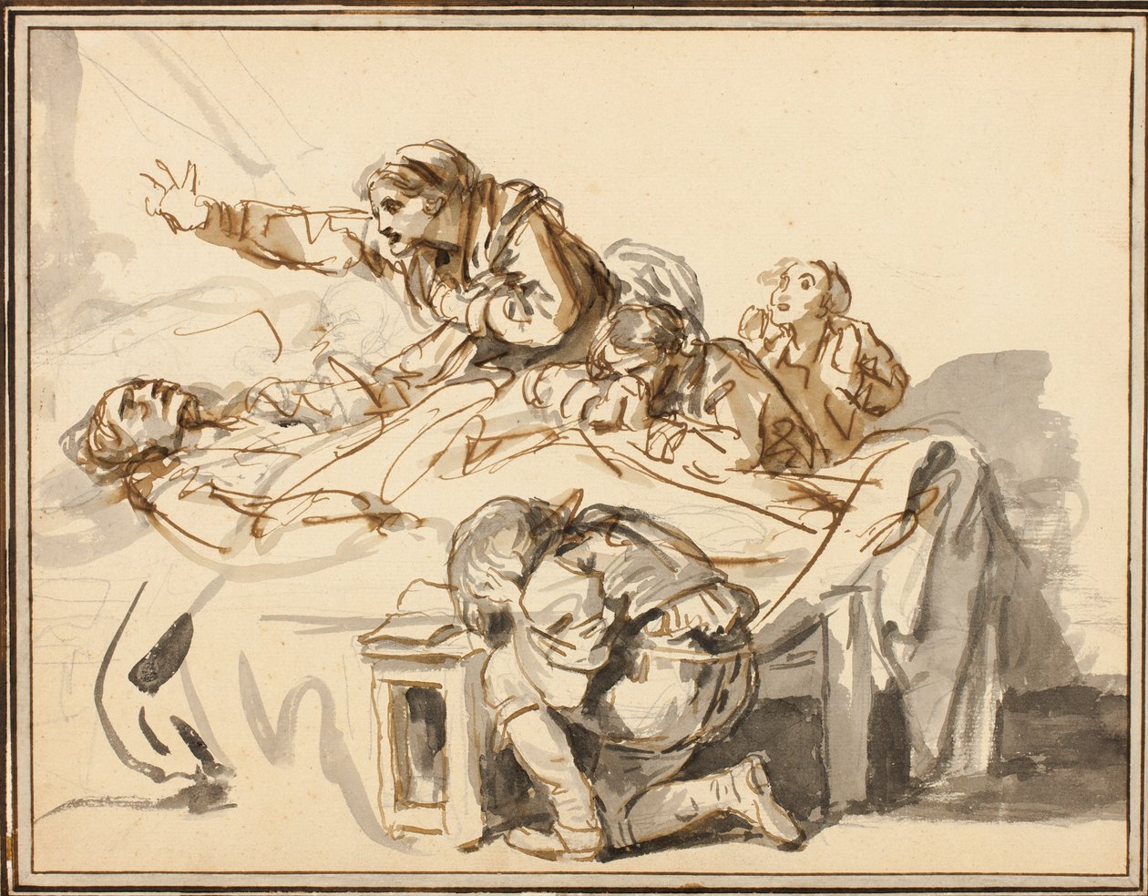 Mujeres y niños llorando a un hombre muerto de Jean-Baptiste Greuze