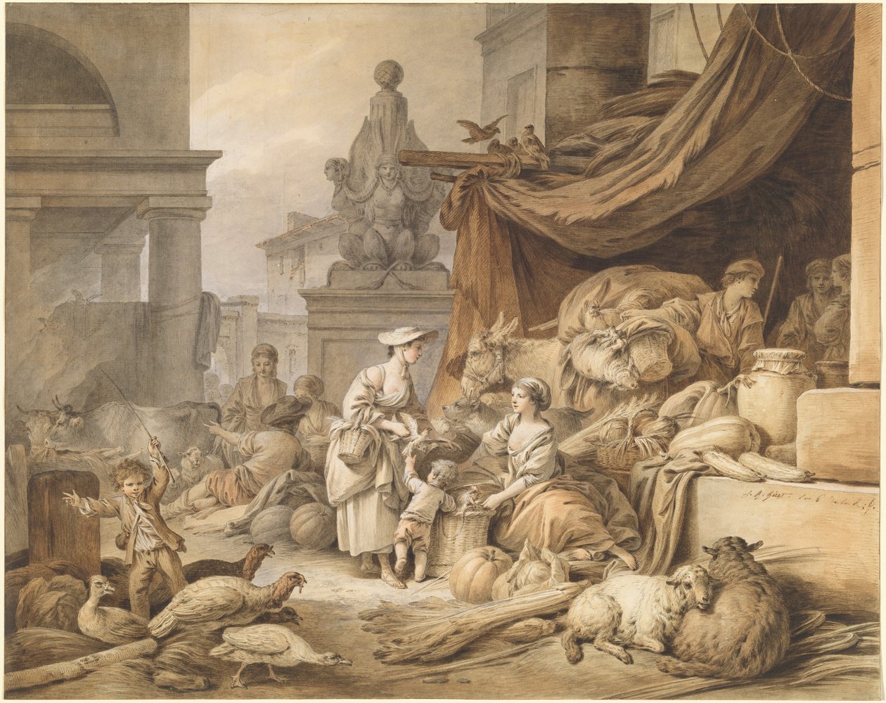Escena de mercado con una escultura fantástica de Jean-Baptiste Huet