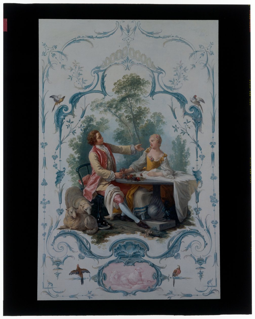 Dos paneles decorativos con parejas de enamorados titulados "El picnic" y "El brindis" de Jean Baptiste Huet