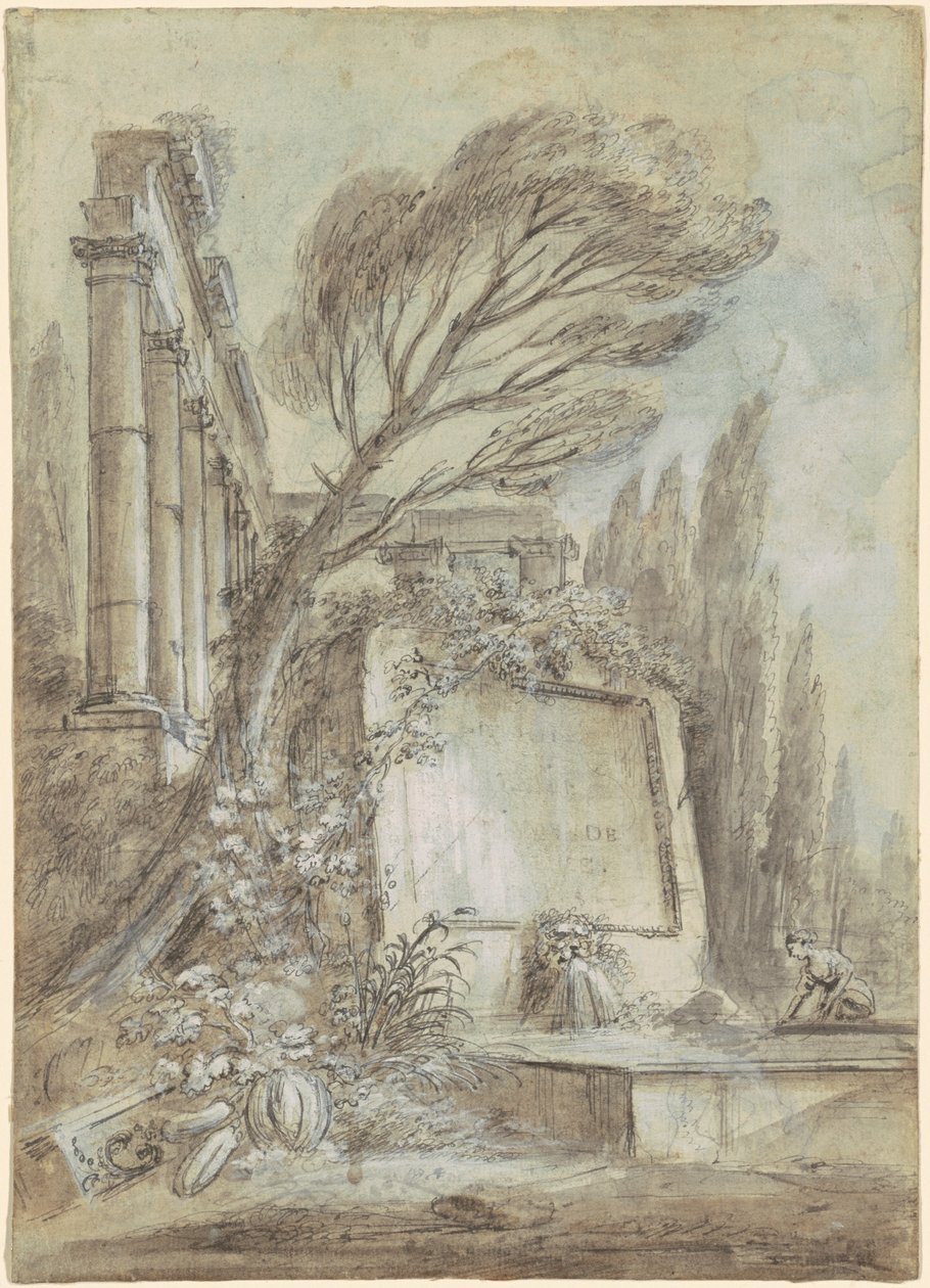 Fantasía arquitectónica de ruinas romanas con placa de inscripción, c.1768 (tinta marrón sobre papel) de Jean-Baptiste Lallemand