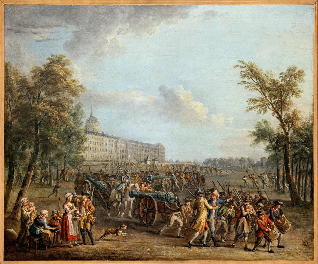 Saqueo de armas en los Inválidos, el pueblo de París, tras tomar posesión de la Garde Meuble el 13 de julio, invadió los Inválidos el 14 de julio de 1789, y se llevó 4 cañones y 34 000 armas, Pintura de Jean Baptiste Lallemand (1716-1803). Fotografía, KIM  de Jean Baptiste Lallemand