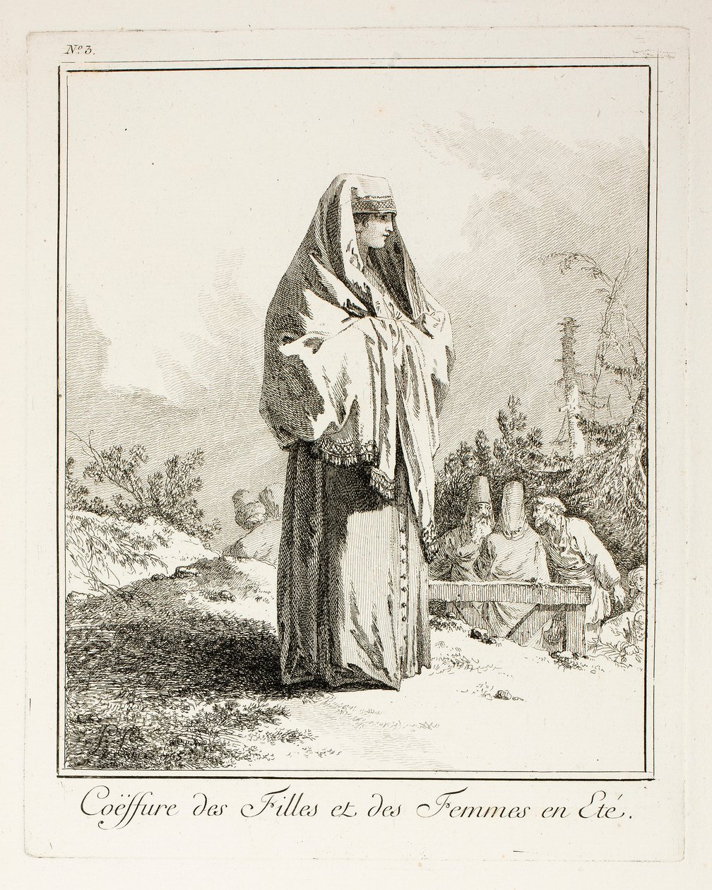 Tocado para niñas y mujeres en verano, lámina tres de Divers Habillements des Peuples du Nord de Jean-Baptiste Le Prince