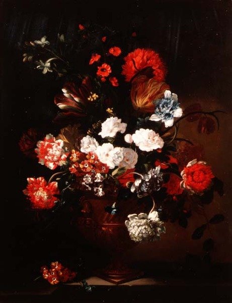 Naturaleza Muerta de Claveles, Tulipanes, Peonías y Otras Flores de Jean Baptiste Monnoyer