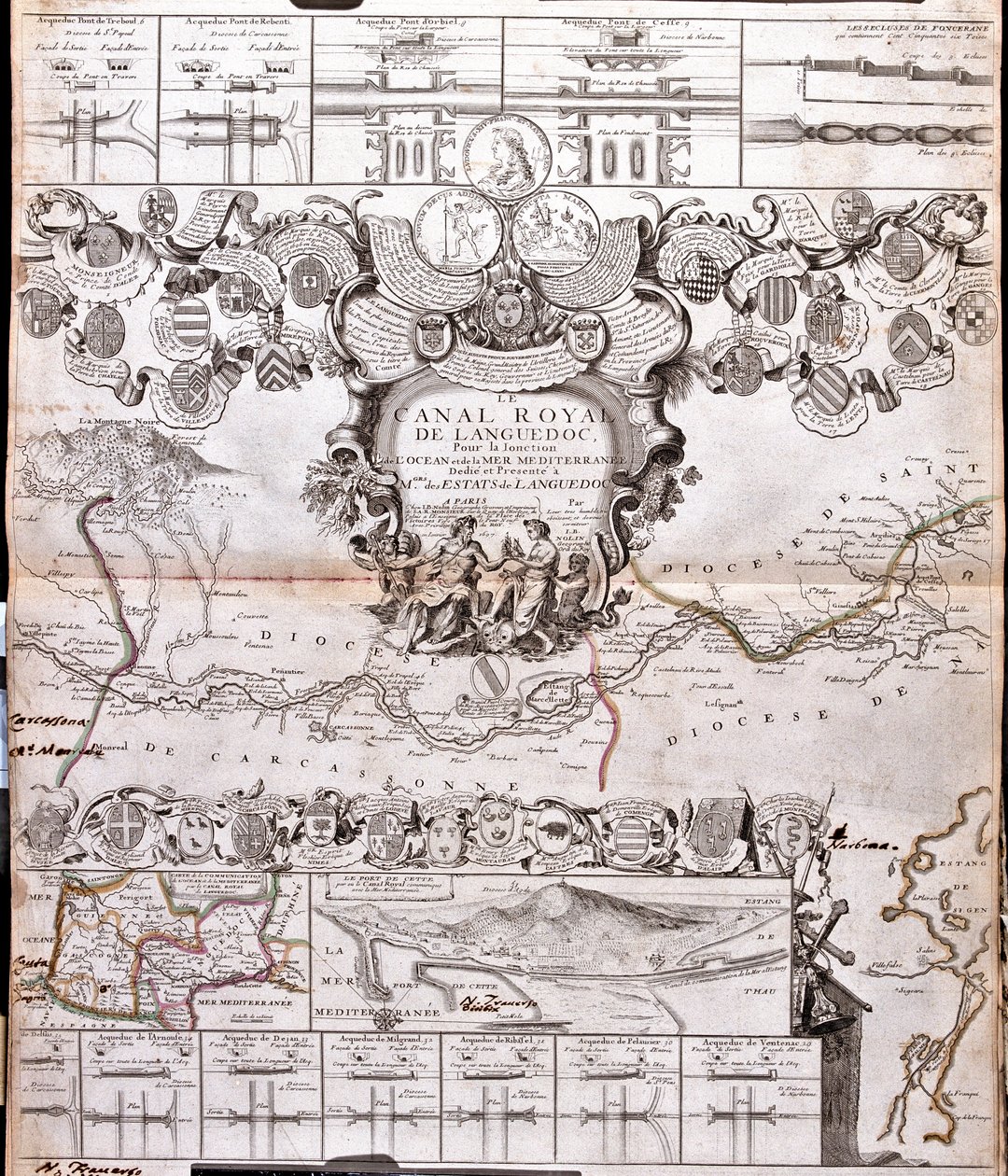 Proyecto de construcción de un canal de comunicación entre el océano Atlántico y el mar Mediterráneo, parte inclusiva aproximadamente entre Pexiora y Ouveillan; en la región de Languedoc-Rosellón, Francia. de Jean-Baptiste Nolin