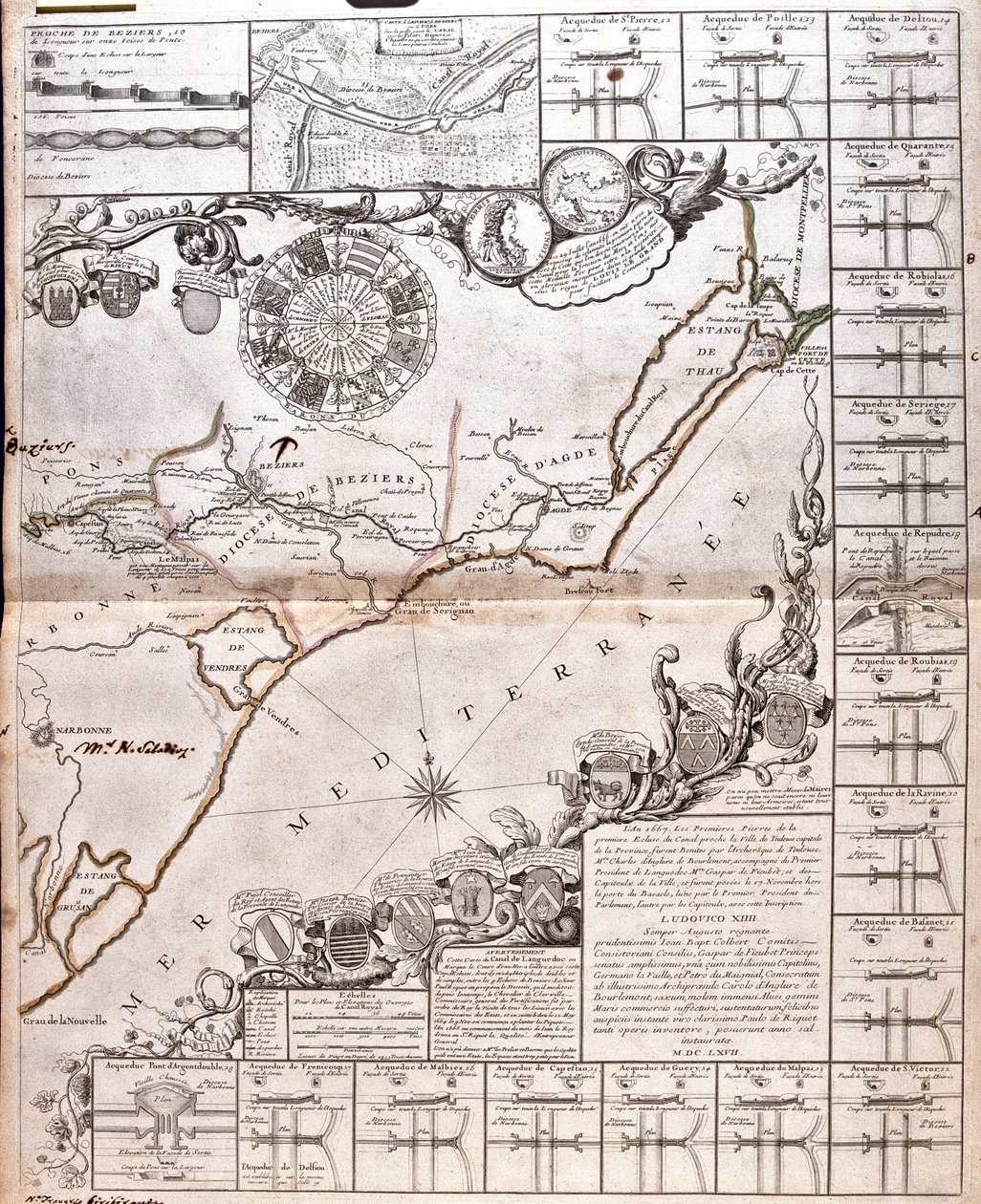 Proyecto de construcción de un canal de comunicación entre el océano Atlántico y el mar Mediterráneo, parte inclusiva aproximadamente entre Capestang y Étang de Thau; en las regiones de Languedoc-Rosellón, Francia. de Jean Baptiste Nolin