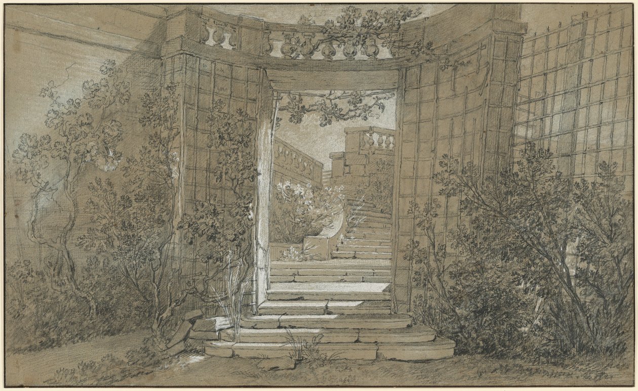 Paisaje con una escalera y una balaustrada de Jean-Baptiste Oudry