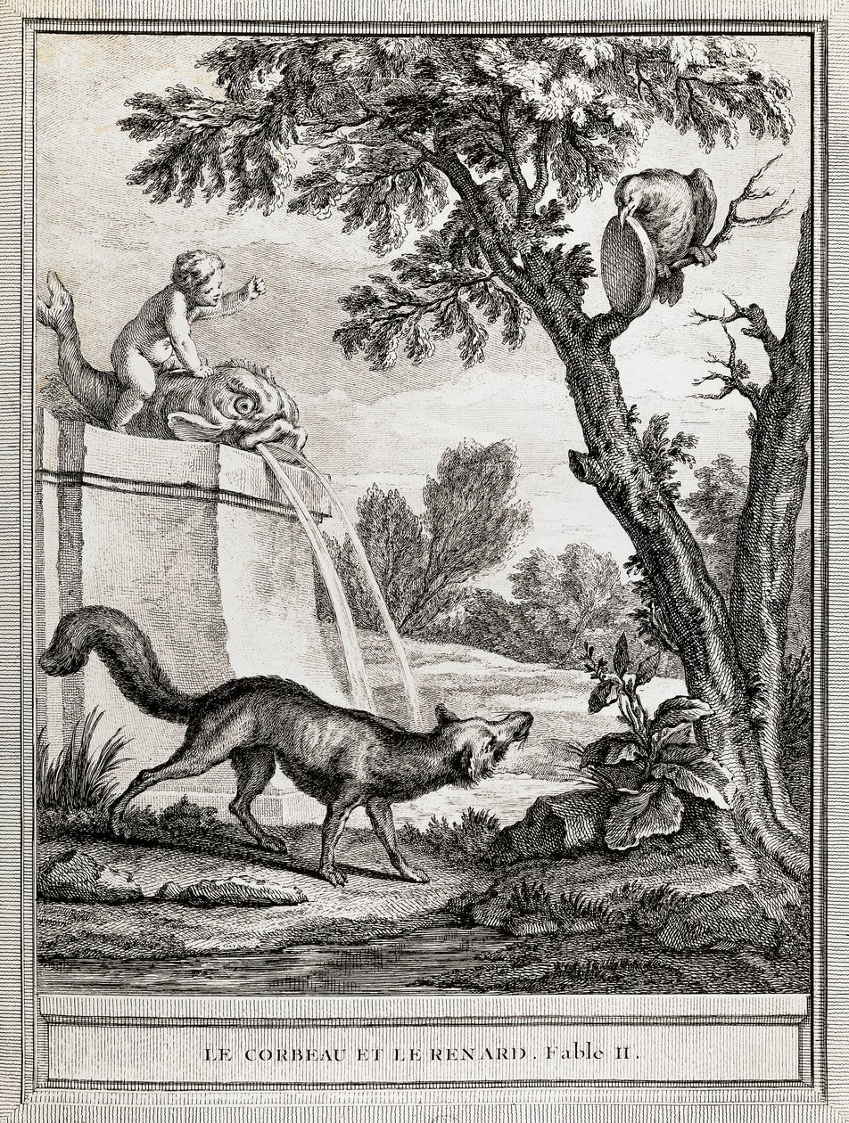 El cuervo y el zorro, ilustración de Jean-Baptiste Oudry para la fábula de Jean de La Fontaine de Jean Baptiste Oudry