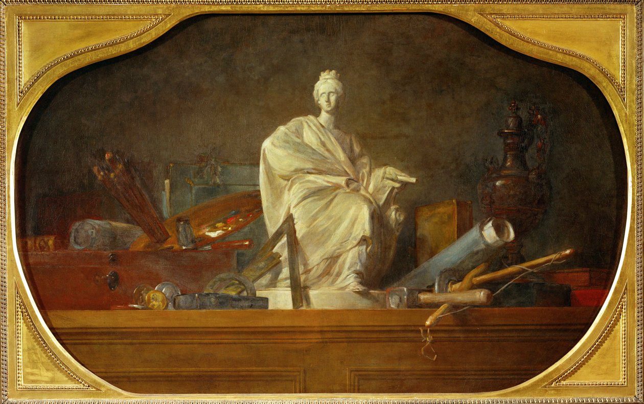 Les attributs des arts - los atributos de las artes, pieza complementaria del 40-12-16/29, uno de los tres supraportados para el Chateau de Choisy ... de Jean Baptiste Simeon Chardin