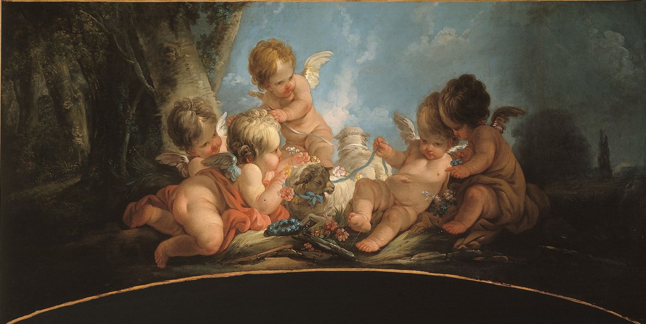 Grupo de cinco amantes jugando con dos ovejas de Jean Francois Clermont