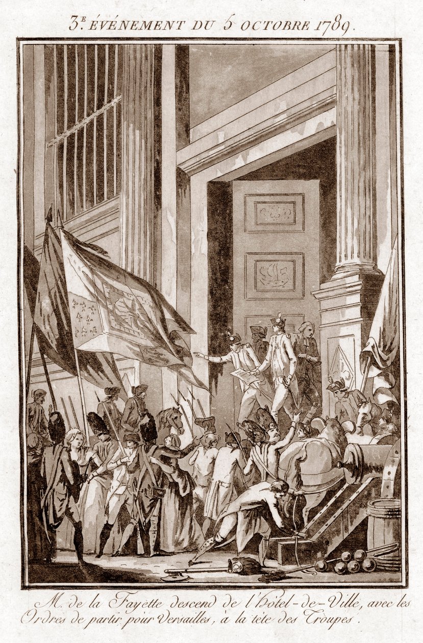 Revolución Francesa - La Fayette saliendo del Ayuntamiento de París para ir a Versalles, 5 de octubre de Jean Francois Janinet