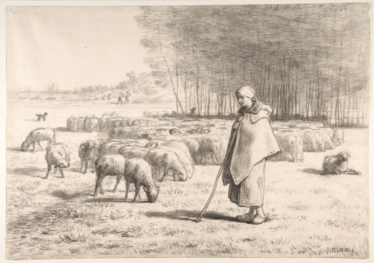 Una pastora con su rebaño de Jean-Francois Millet