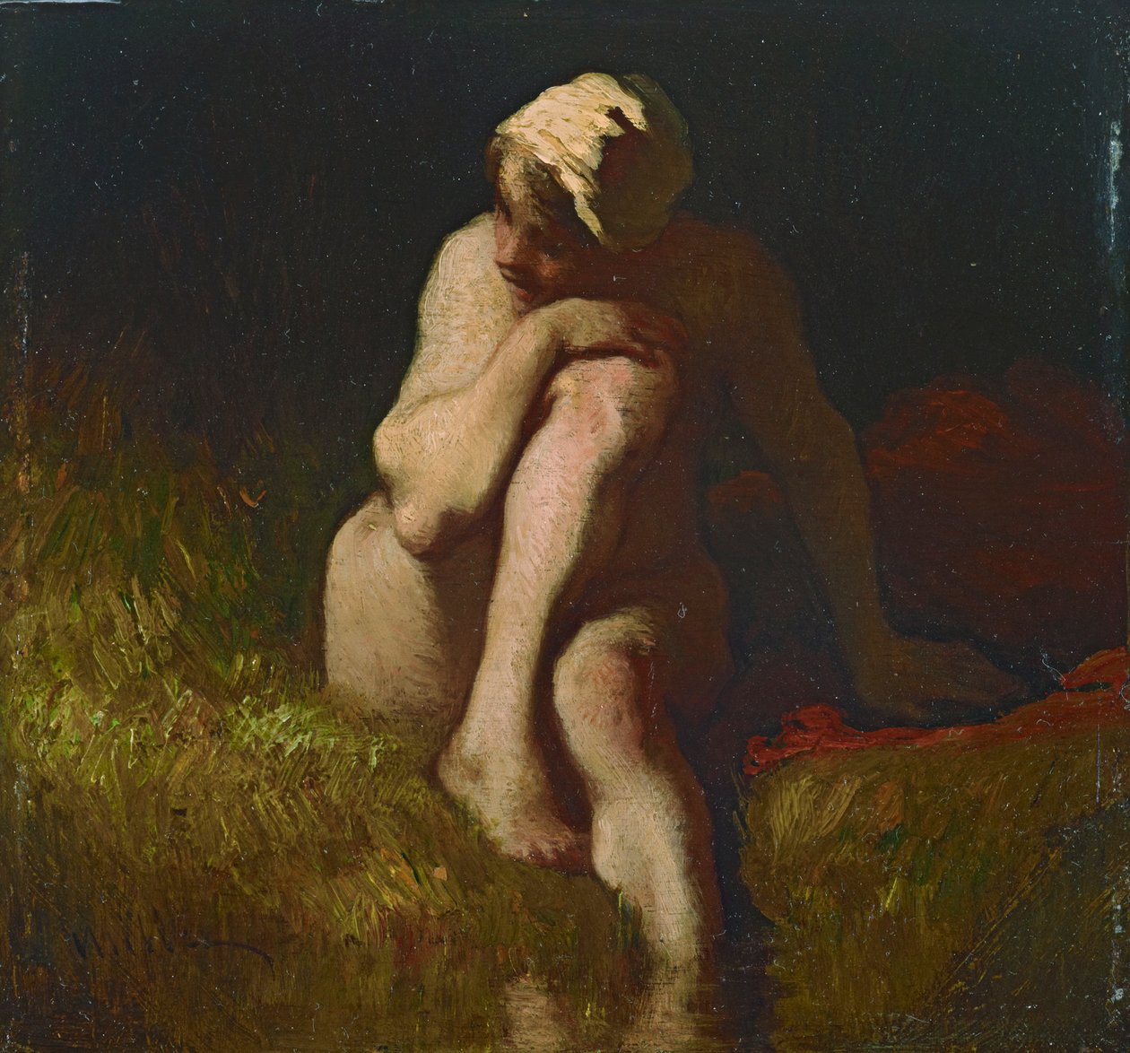 Nacktes Bauernmädchen an der Böschung eines Baches sitzend de Jean-Francois Millet