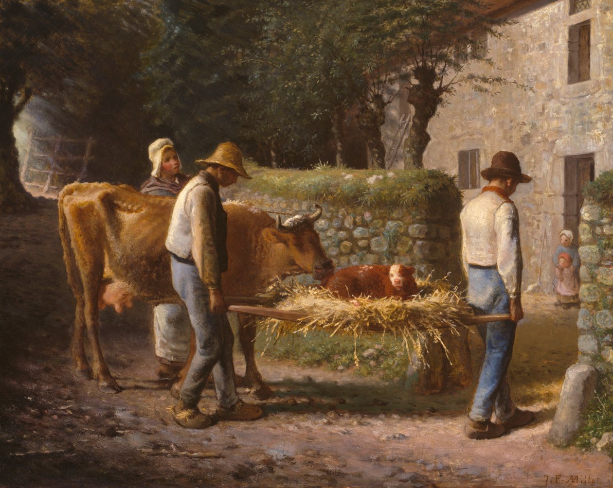 Campesinos llevan a casa un ternero nacido en el campo de Jean-Francois Millet