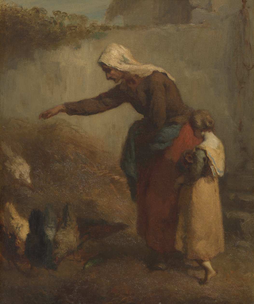 Mujer alimentando gallinas de Jean-Francois Millet