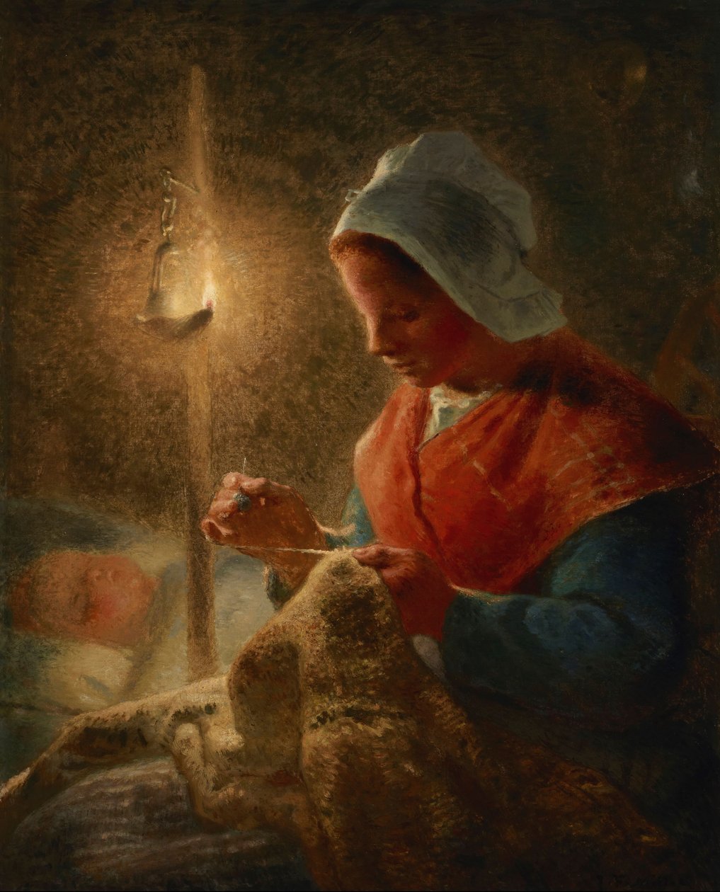 Mujer cosiendo a la luz de una lámpara de Jean-Francois Millet