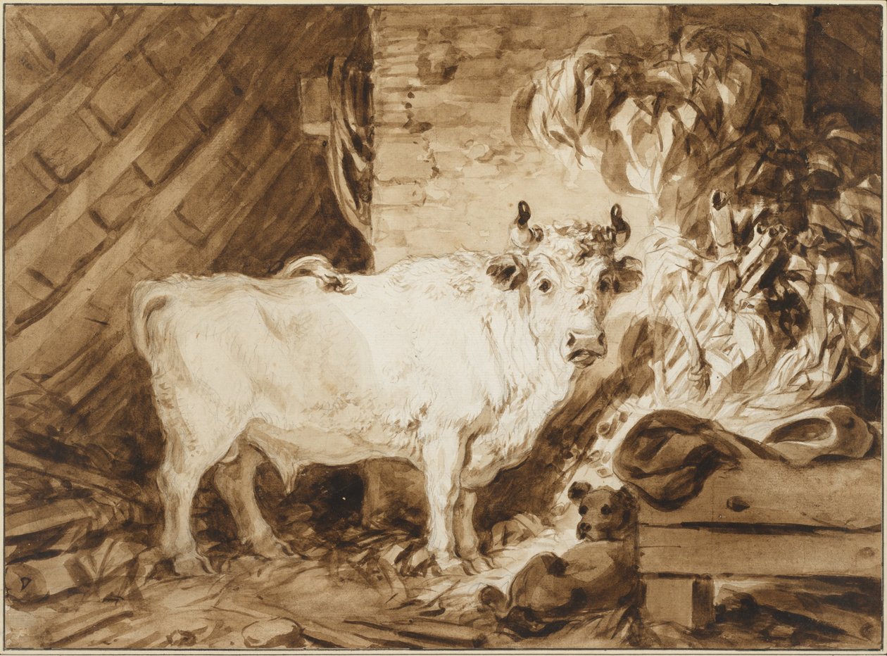 Toro blanco y un perro en un establo de Jean Honore Fragonard