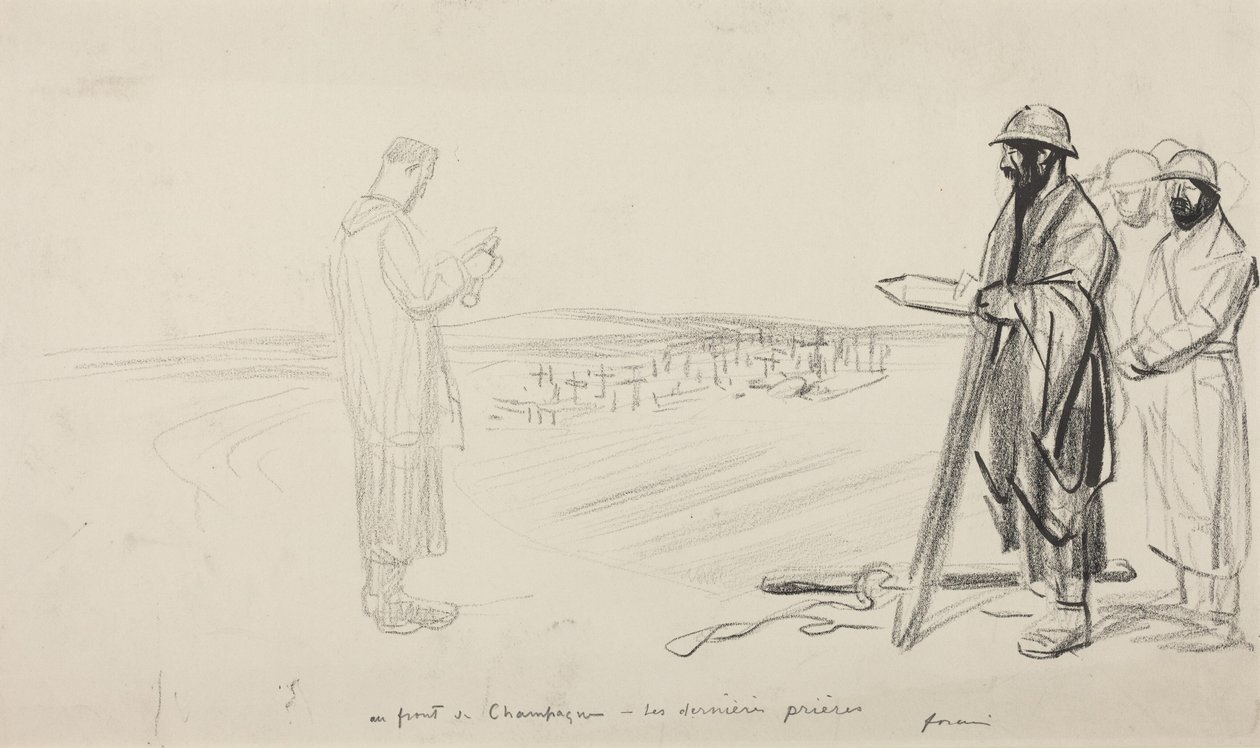 En el frente de Champagne - Las últimas oraciones, c.1914-1919 (tinta negra sobre papel) de Jean-Louis & Caran D