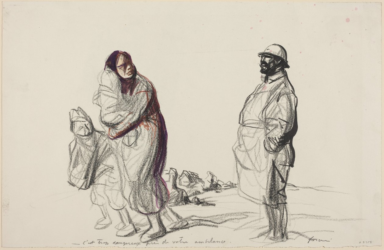 a) Es demasiado peligroso cerca de su ambulancia (recto); b) Estudio de madre e hijos (verso) de Jean-Louis Forain