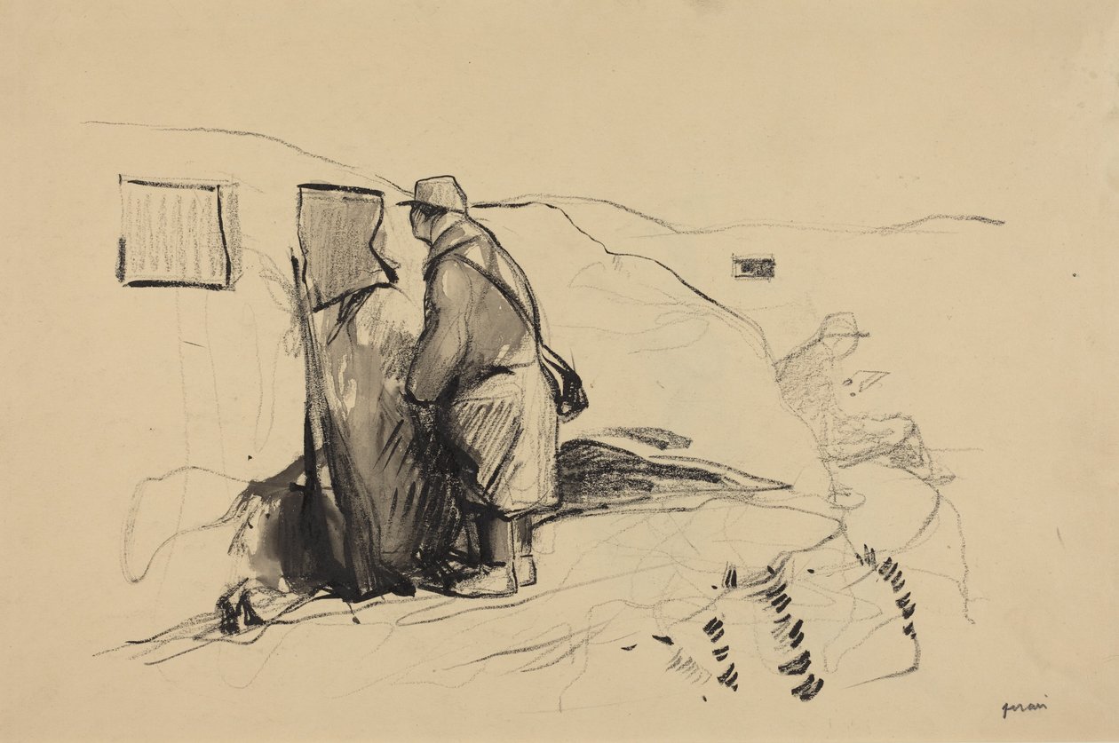 a) «En las trincheras» (anverso); b) «Boceto para En las trincheras» (reverso) de Jean-Louis Forain