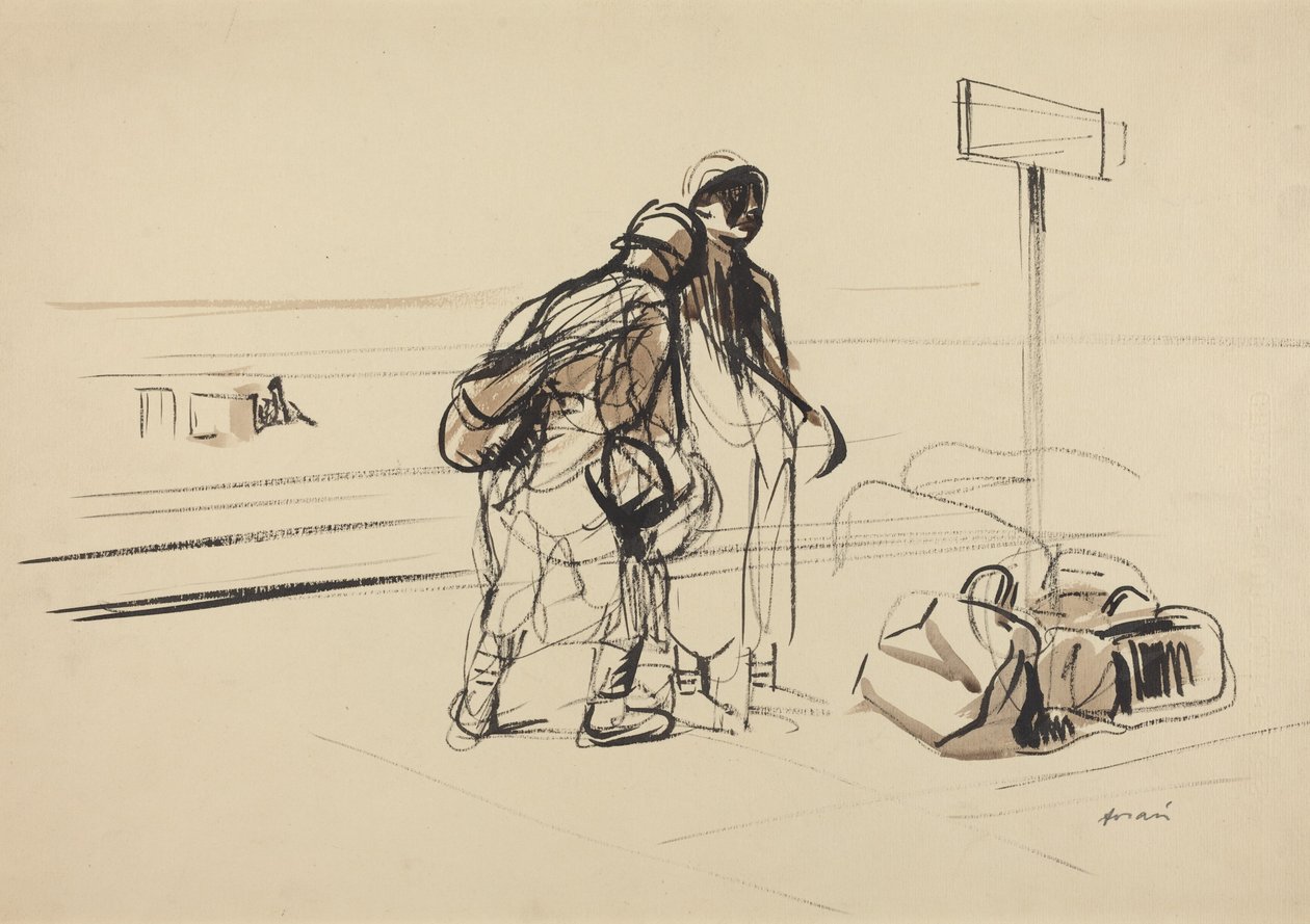 a) Dos soldados franceses junto a un tablón de anuncios (anverso); b) Una niñera y unos niños con un caballo o un burro (reverso) de Jean-Louis Forain