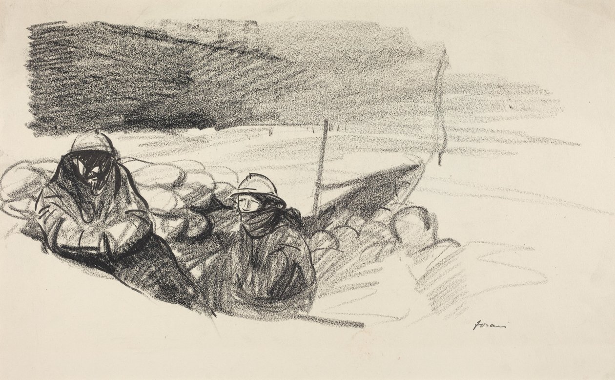 a) Dos soldados en una trinchera (anverso); b) Interior con figuras sentadas detrás de una mesa (reverso) de Jean-Louis Forain