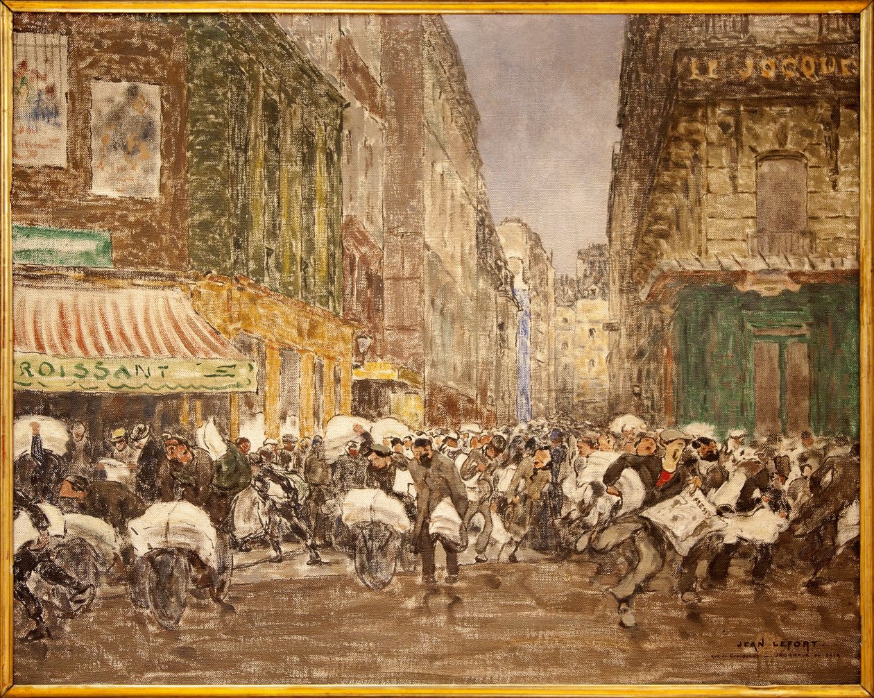 La salida de los periódicos vespertinos, rue du Croissant en 1914, Pintura de Jean Louis (Jean-Louis) Lefort (1875-1954), que muestra las actividades de la prensa tradicionalmente establecida en gran parte del distrito 2 de la ciudad de París, En el café d de Jean Louis Lefort