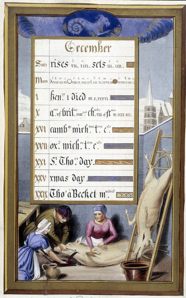 Diciembre y signo de Capricornio: matamos al cerdo - Facsímil de las Horas de Ana de Bretaña por Jean Bourdichon de Jean (after) Bourdichon