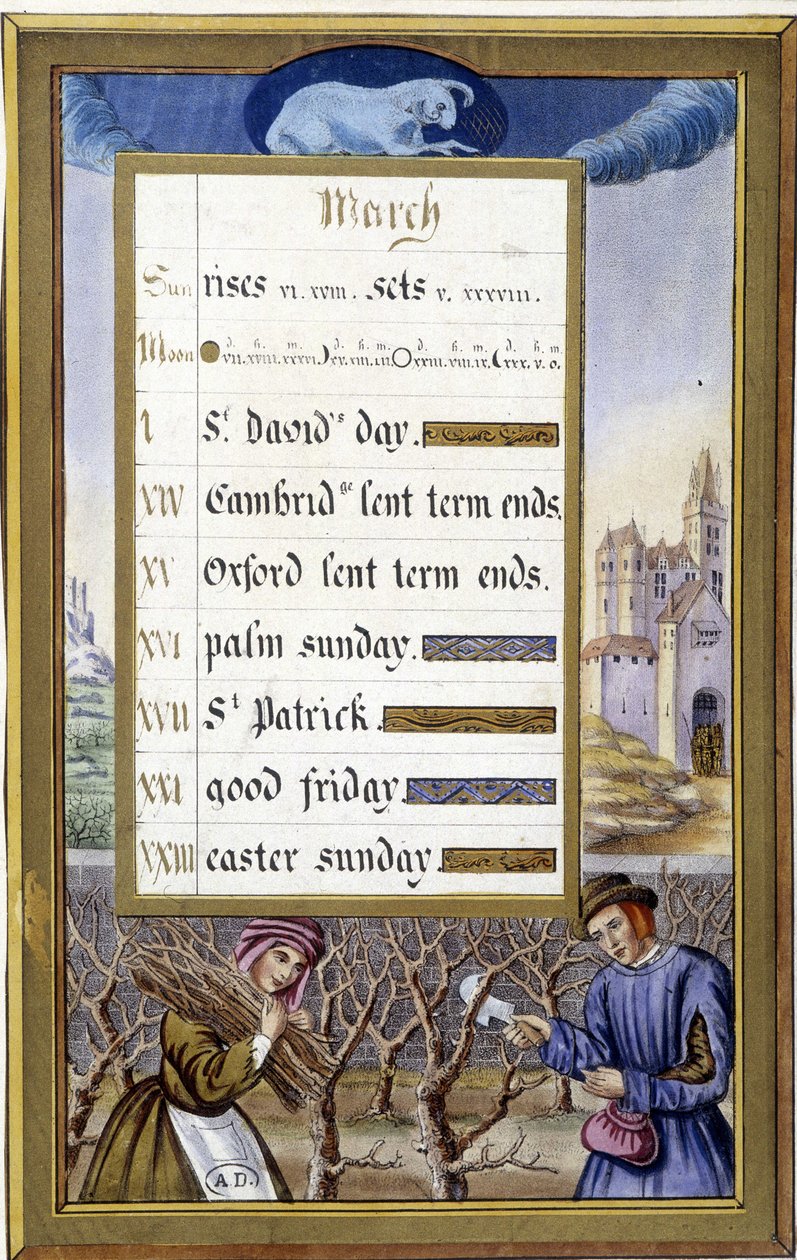 Marzo: Tamaño del árbol (Aries) - facsímil de las Horas de Ana de Bretaña, por Jean Bourdichon de Jean (after) Bourdichon
