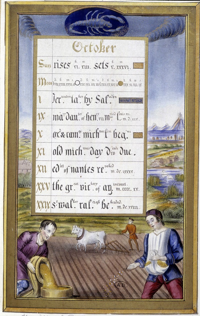 Octubre: arado y siembra, signo del escorpión en Libro de horas de Ana de Bretaña de Jean Bourdichon de Jean (after) Bourdichon