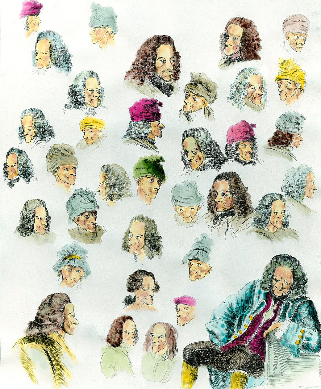 Diferentes expresiones y peinados del escritor François Marie Arouet de Voltaire (1694-1778) realizados después de las pinturas de Jean Huber (1721-1786) siglo XVIII de Jean (after) Huber