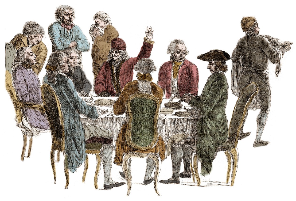La Cena de los filósofos - Voltaire (François Marie Arouet dit) de Jean (after) Huber