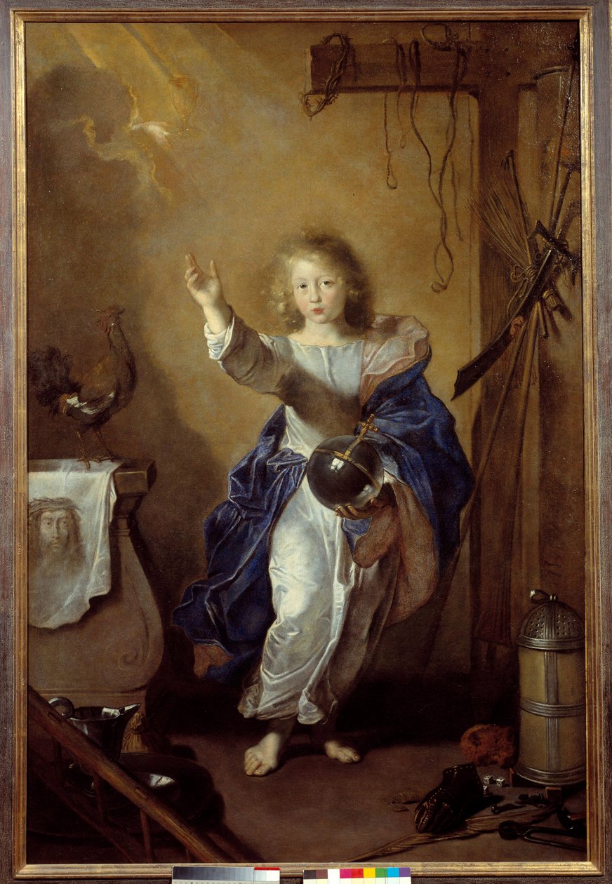 El Salvador del Mundo Representación del niño Jesús sosteniendo el globo y rodeado de símbolos de la Pasión y la Sábana Santa de Jean (attr. to) Daret