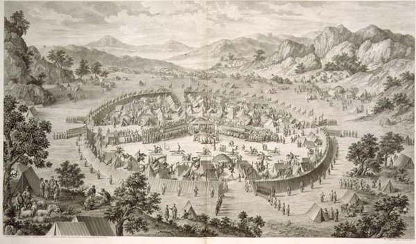 Tchao-Hoei Ocupa a sus Tropas con Ejercicios y Juegos Militares en 1758, lámina 5 de una serie de grabados que representan las conquistas de Qianlong, el Emperador de China, grabado por Pierre Philippe Choffard 1772 de Jean (d.1781) (after) Damascene