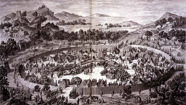 Tchao-Hoei en su campamento bajo las murallas de Yerechim recibe el homenaje de los habitantes de la ciudad y provincia en julio de 1759, placa 4 de la serie de grabados que representan las conquistas de Qianlong, el Emperador de China, grabado por Pierre  de Jean (d.1781) (after) Damascene