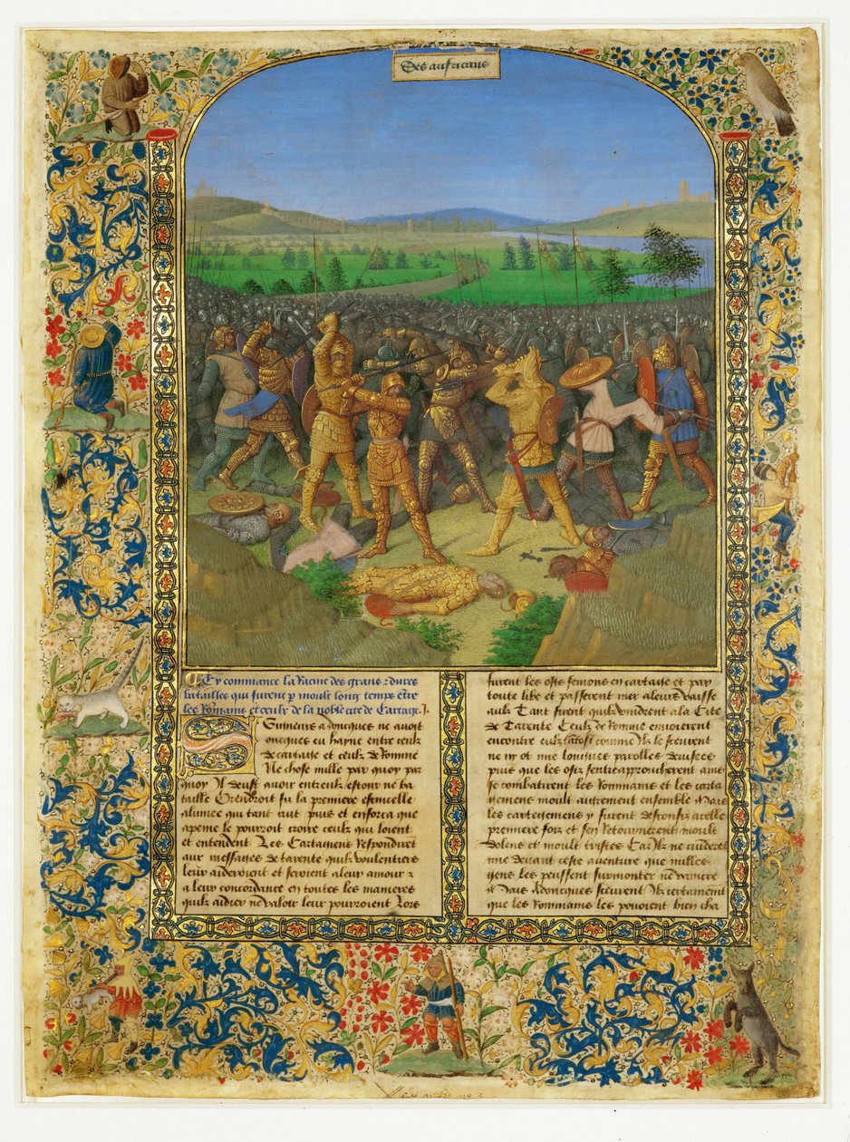 Una batalla entre romanos y cartagineses, probablemente la batalla de Cannae ... de Jean (style of) Fouquet