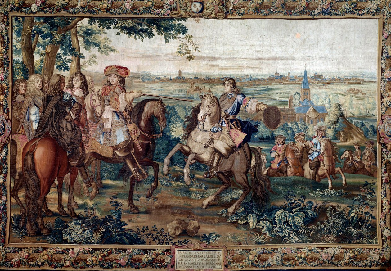 Continuación de la Histoire du Roi: "Captura de Lille por Luis XIV, agosto de 1667 tras el cartón de Saint Andre. Pintura realizada por el taller de Jean Mozin (siglo XVII) en la fábrica de los Gobelinos. Dim. 3,7x5,5 m. Versalles, museo del castillo de Jean (workshop) Mozin