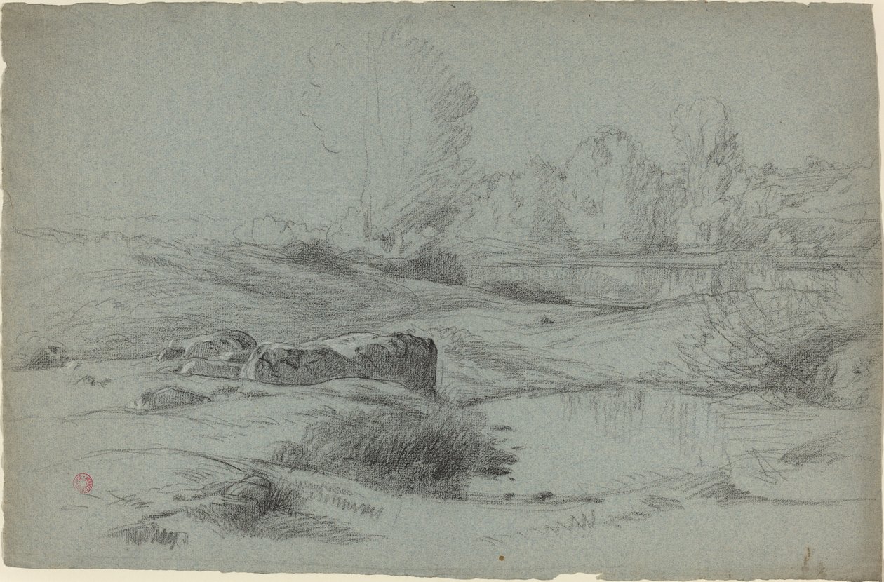 Un prado rocoso junto a un río de Jean Achille Benouville