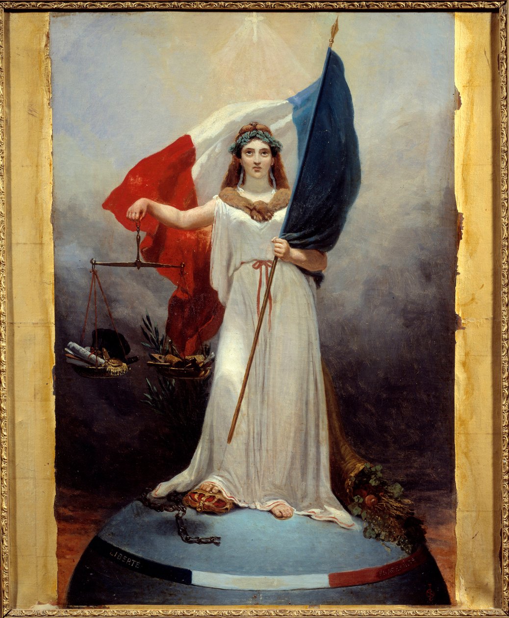 Figura simbólica de la República. Alegoría representando la república como una mujer con una corona de laurel, sosteniendo una balanza y la bandera tricolor de Jean Alphonse Roehn