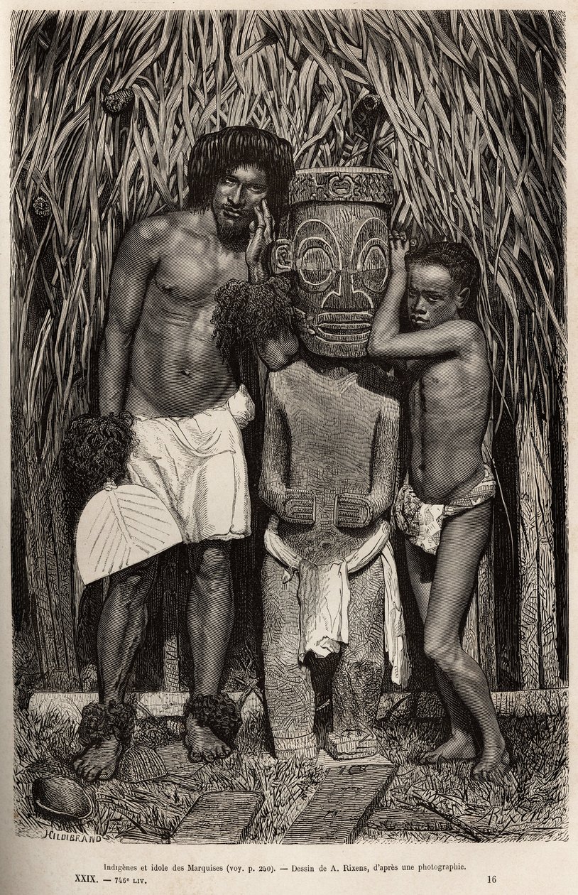 Un habitante de la isla Hiva-Oa y su hijo, rodeando un ídolo de madera tallada que representa al dios Tiki, en el archipiélago de las Islas Marquesas, grabado según un dibujo de A. Rixens ilustrando los recuerdos del Pacífico, en 1872-1874, por de Jean Andre Rixens