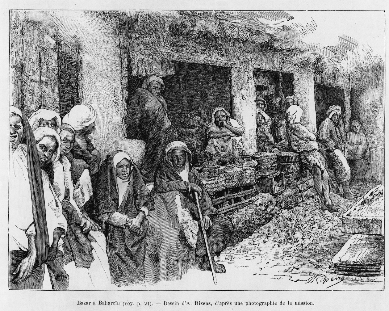Bazar en Bahréin, Chad. Grabado por A. Rixens para ilustrar la historia A Suse, diario de excavaciones de Jean Andre Rixens