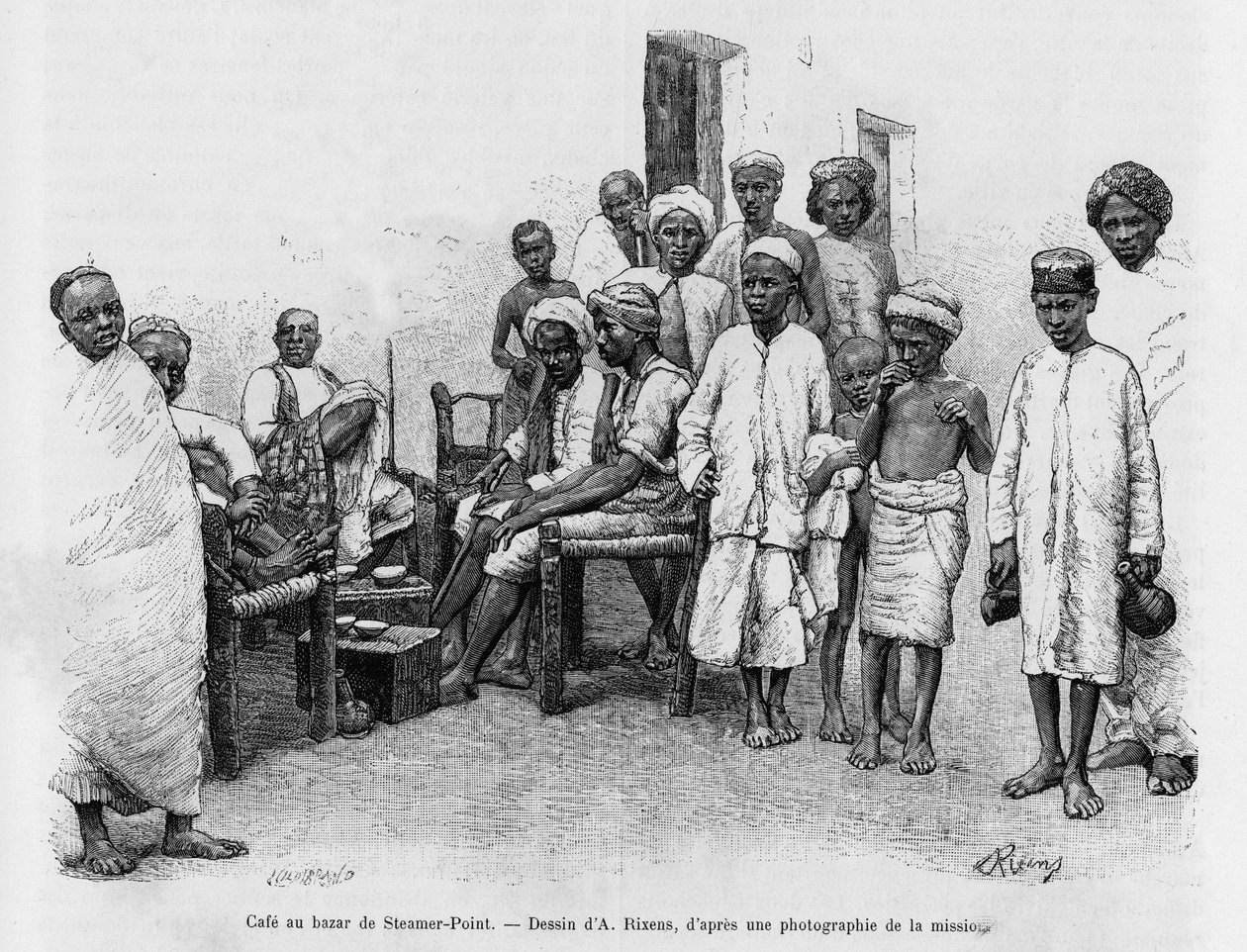 Café en el Bazar Steamer Point, Adén, Yemen. Grabado por A. Rixens para ilustrar la historia A Suse, diario de excavaciones de Jean Andre Rixens