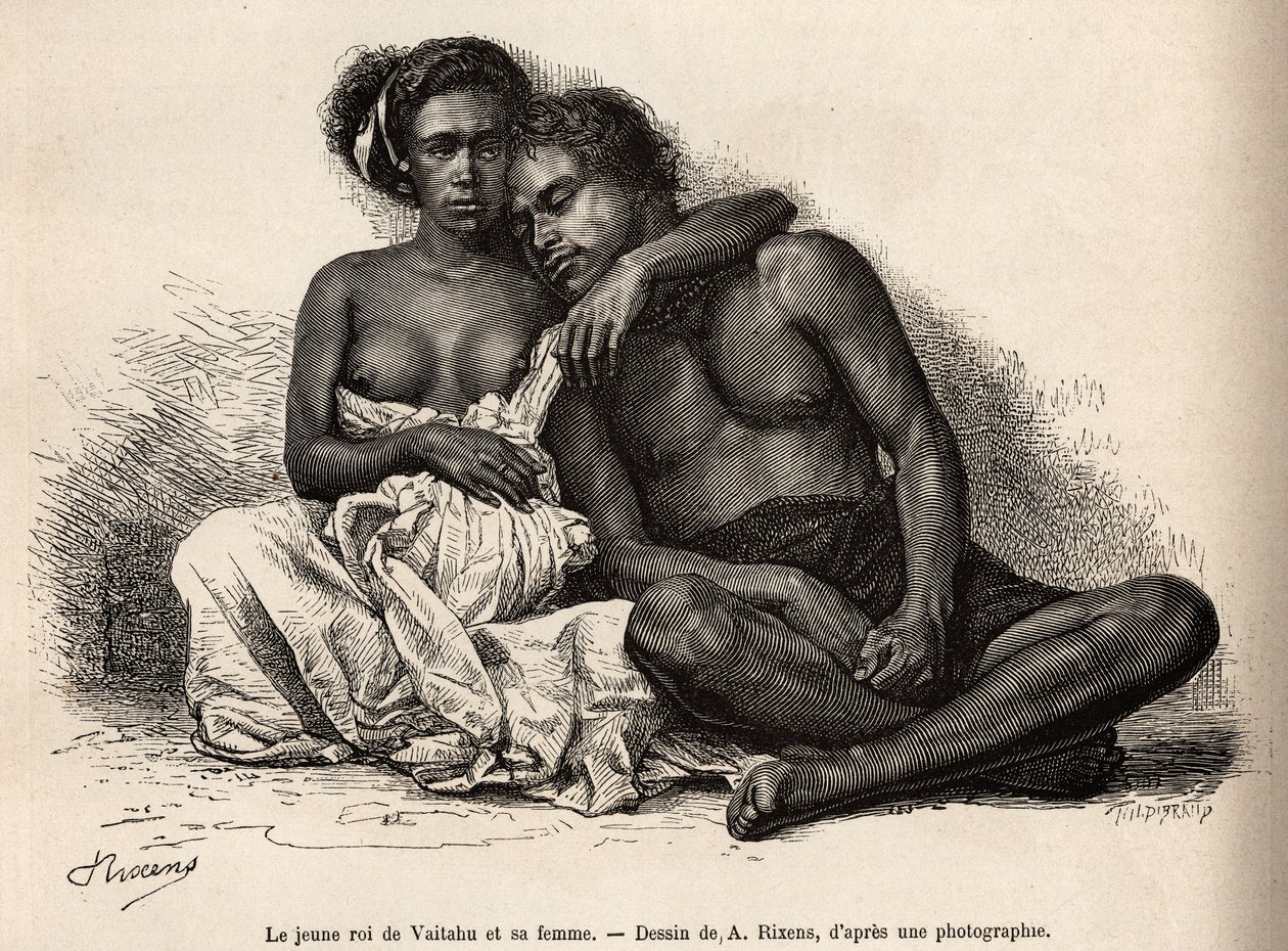 El joven rey de Vaitatu, en la isla de Tauata, en el archipiélago de las Islas Marquesas, rodeado por los brazos de su esposa, grabado después de un dibujo de A. Rixens ilustrando los recuerdos del Pacífico, en 1872-1874, por A. Pailhes, un oficial de barc de Jean-Andre Rixens